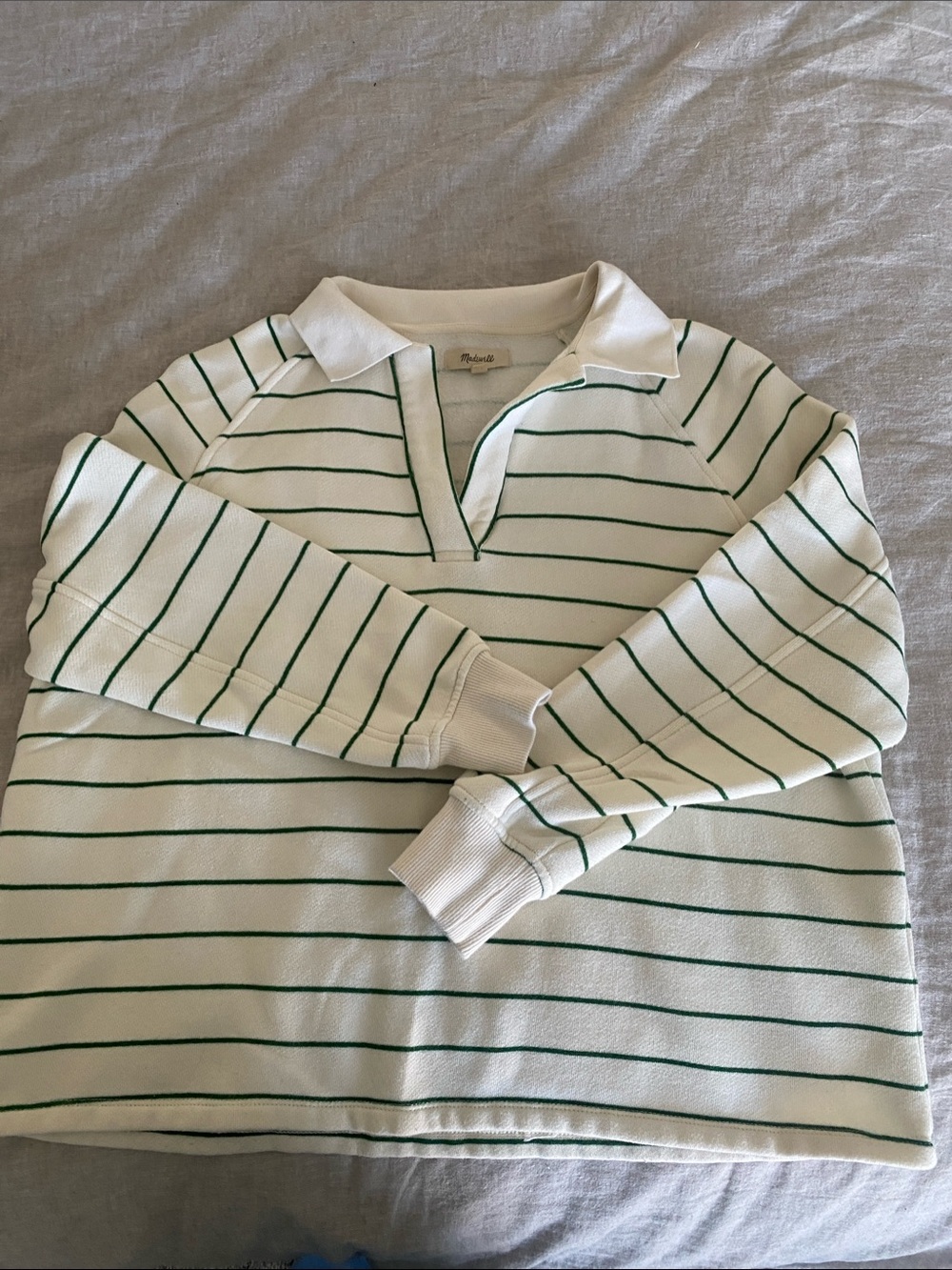 Madewell Cream Pullover Rugby Top with Green Stripes